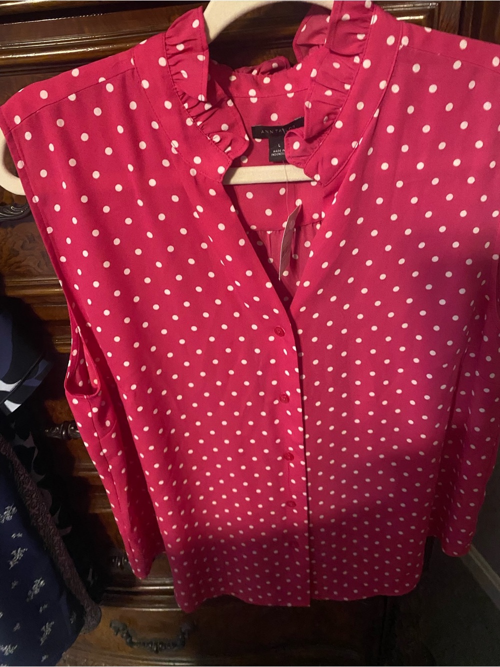 Anne Taylor Polka Dot Ruffle Neck button up Sleeveless Blouse nwt